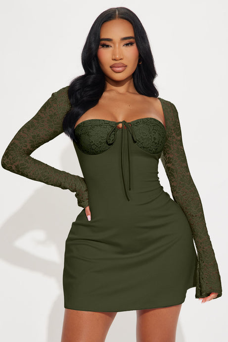 Emilina Long Sleeve Lace Mini Dress - Olive