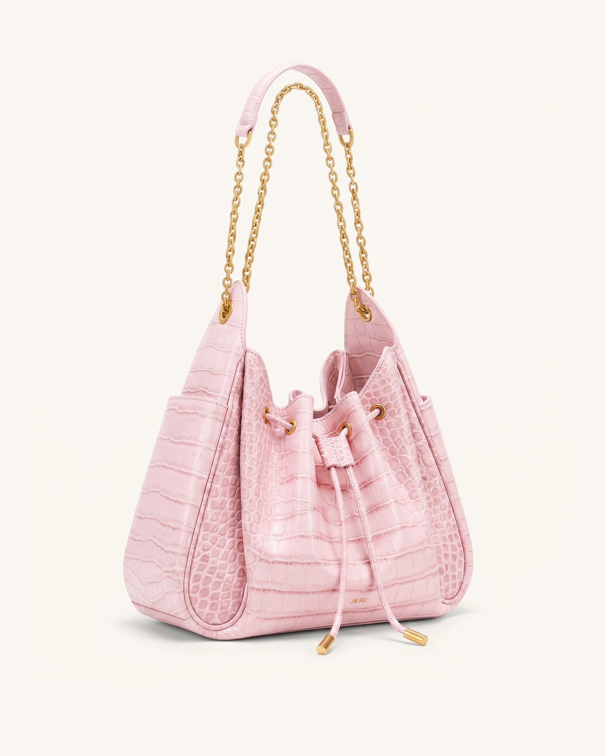 Rowan Ruched Drawstring Chain Bucket Bag - Ivory