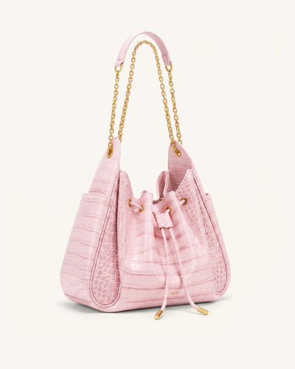 Rowan Ruched Drawstring Chain Bucket Bag - Ivory