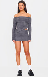 Charcoal Fluffy Textured Fold Over Mini Skirt