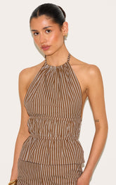 Tall Chocolate Stripe Woven Ruched Backless Long Top