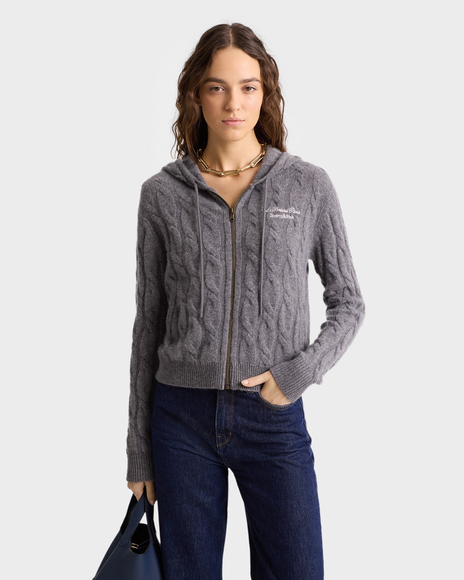 Faubourg Cableknit Wool Cashmere Zip Hoodie - Dark Gray/White