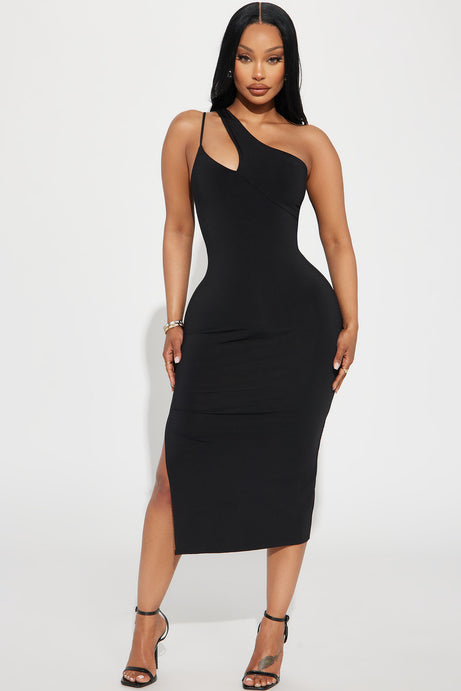 One Shoulder Midi Dress - Black
