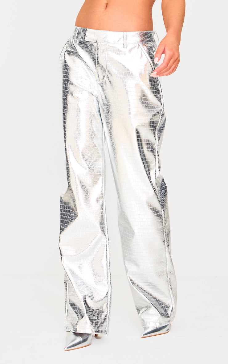 Silver Metallic Crocodile Faux Leather Trousers