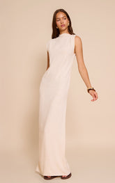 Natural Linen Look Sleeveless Drape Neck Detail Maxi Dress