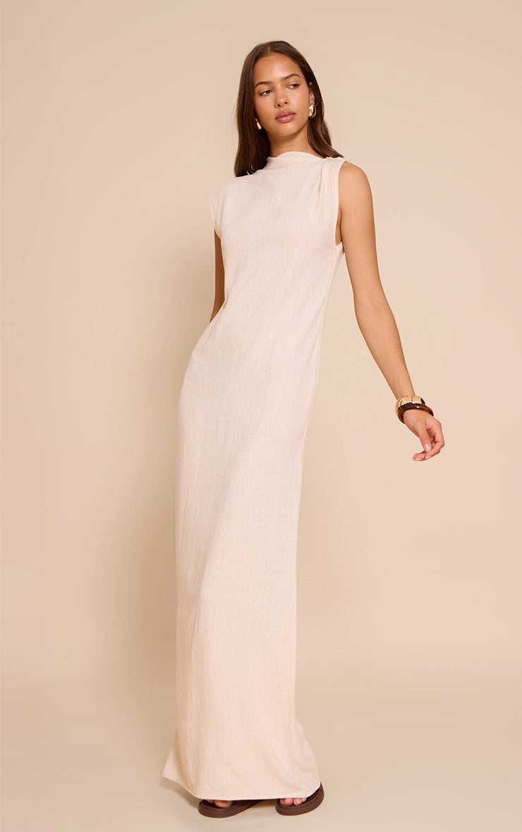 Natural Linen Look Sleeveless Drape Neck Detail Maxi Dress