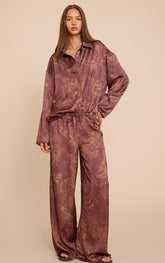 Brown Paisley Printed Satin Wide Leg Trousers