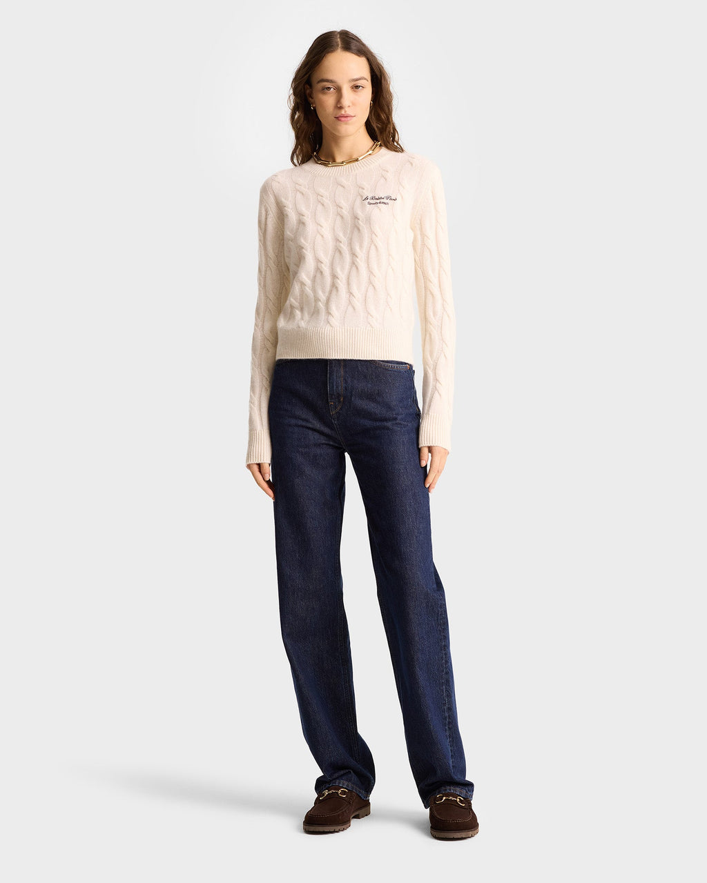 Faubourg Cableknit Wool Cashmere Crewneck - Cream/Chocolate