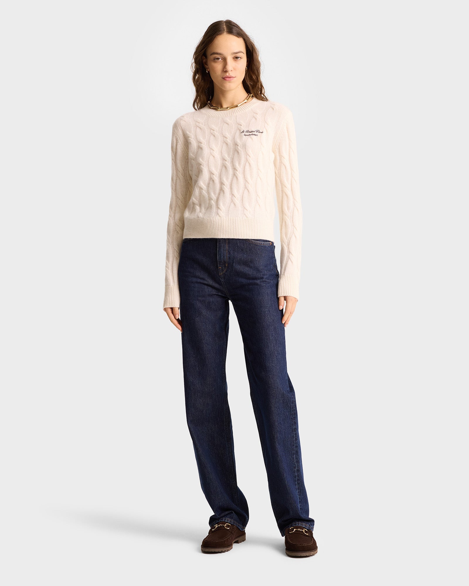 Faubourg Cableknit Wool Cashmere Crewneck - Cream/Chocolate