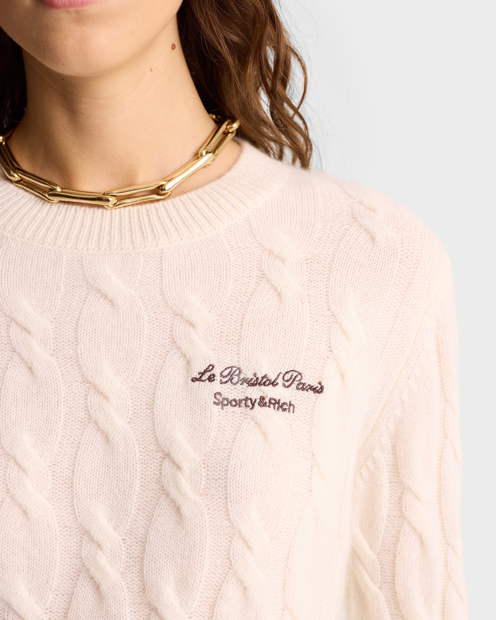 Faubourg Cableknit Wool Cashmere Crewneck - Cream/Chocolate