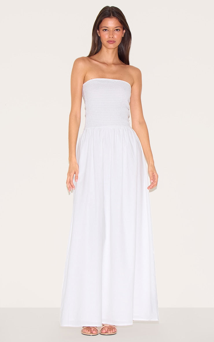 White Bandeau Shirred Detail Maxi Dress