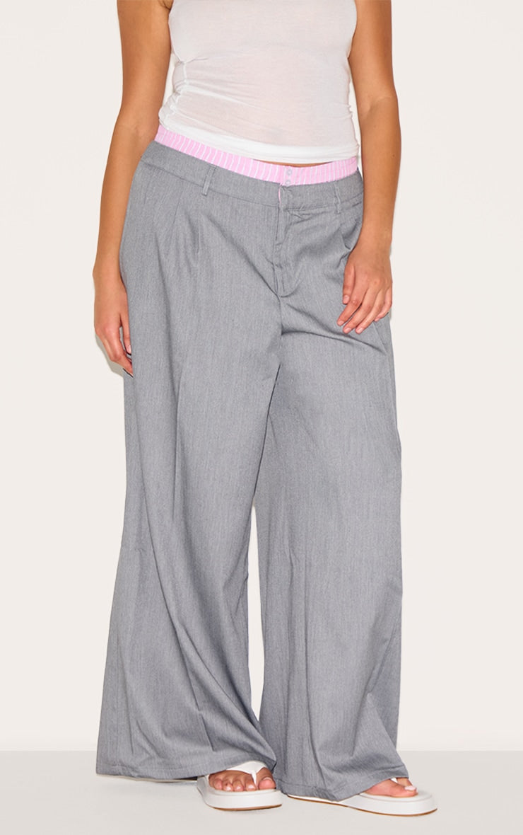 Plus Grey Woven Contrast Stripe Boxer Detail Straight Leg Trousers