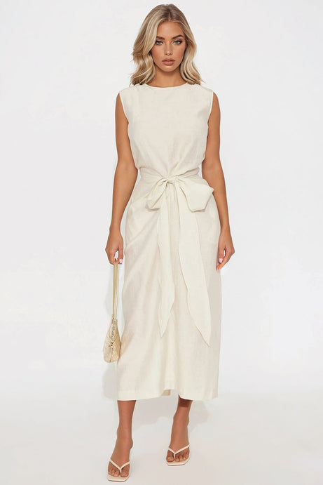 Ashley Tie Front Linen Maxi Dress - Natural
