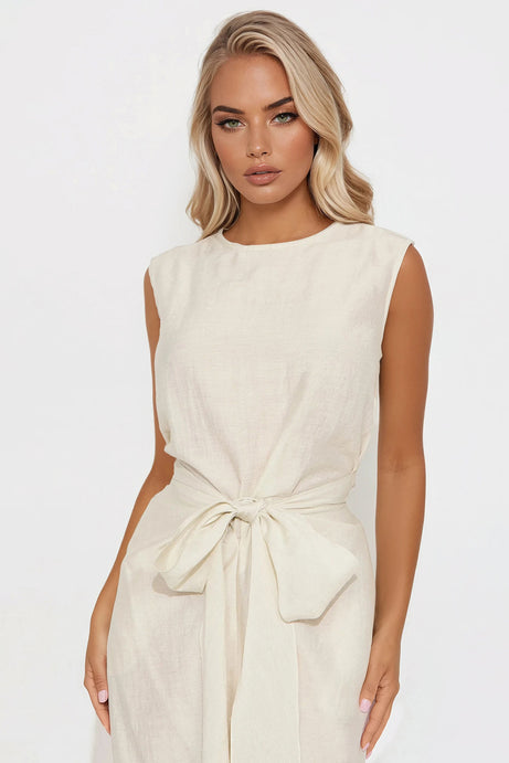 Ashley Tie Front Linen Maxi Dress - Natural