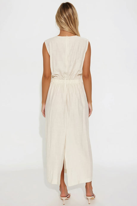 Ashley Tie Front Linen Maxi Dress - Natural