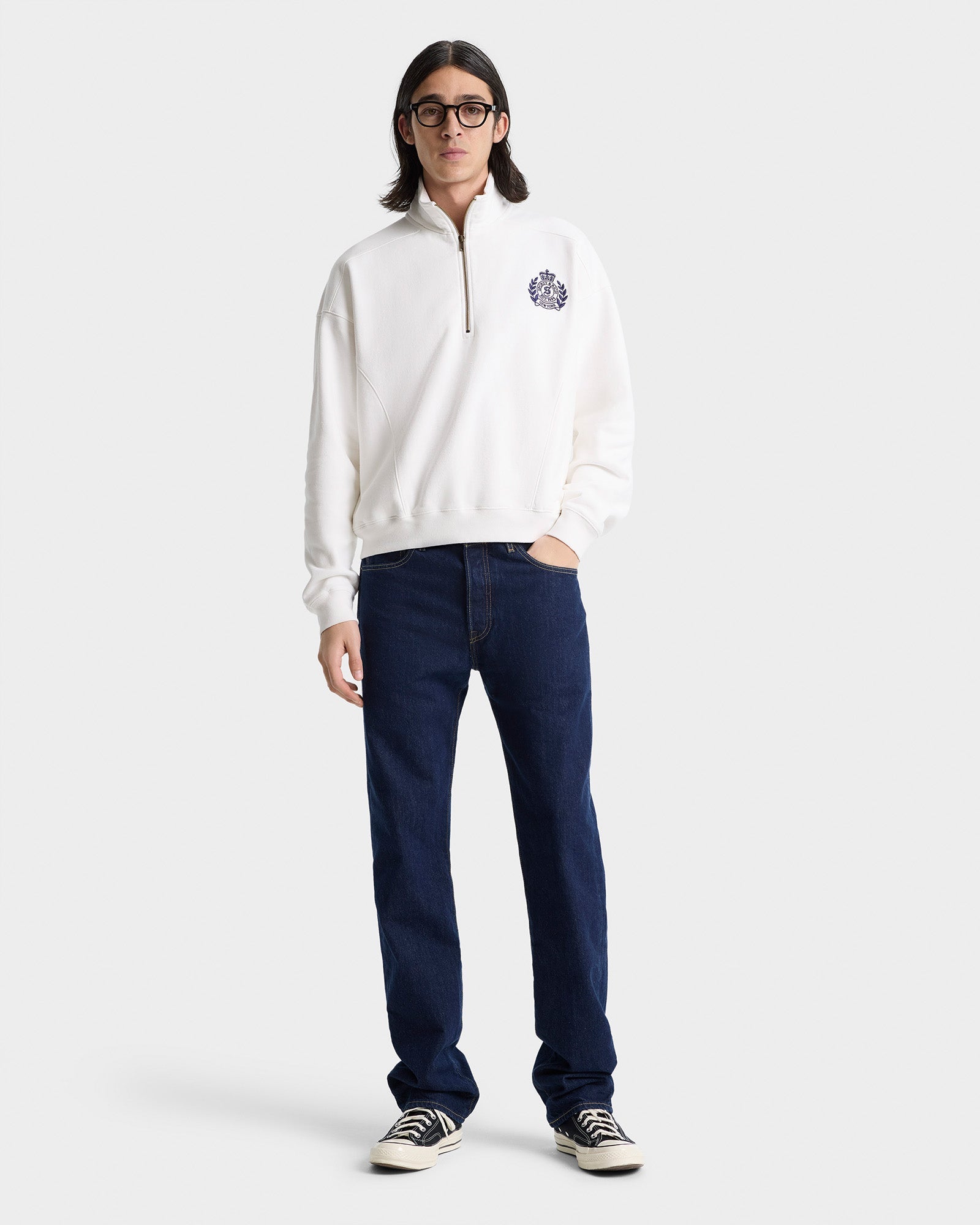 H&W Crest Embroidered Quarter Zip - White/Navy