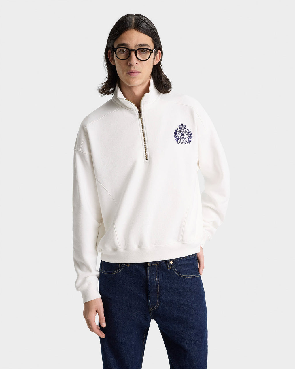 H&W Crest Embroidered Quarter Zip - White/Navy