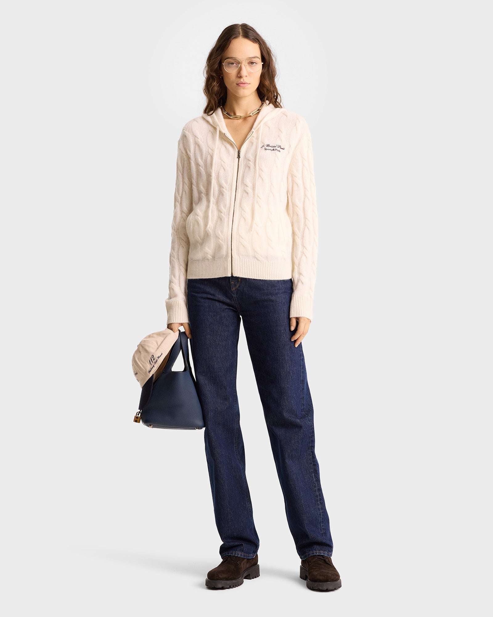 Faubourg Cableknit Wool Cashmere Zip Hoodie - Cream/Chocolate