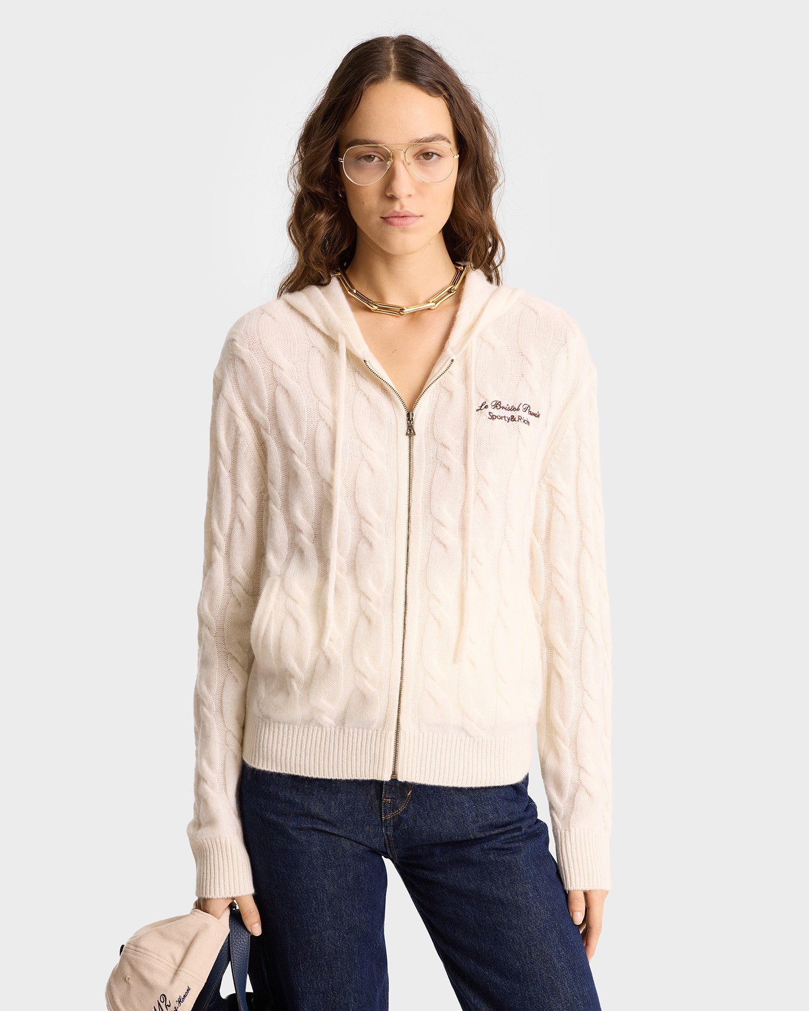 Faubourg Cableknit Wool Cashmere Zip Hoodie - Cream/Chocolate