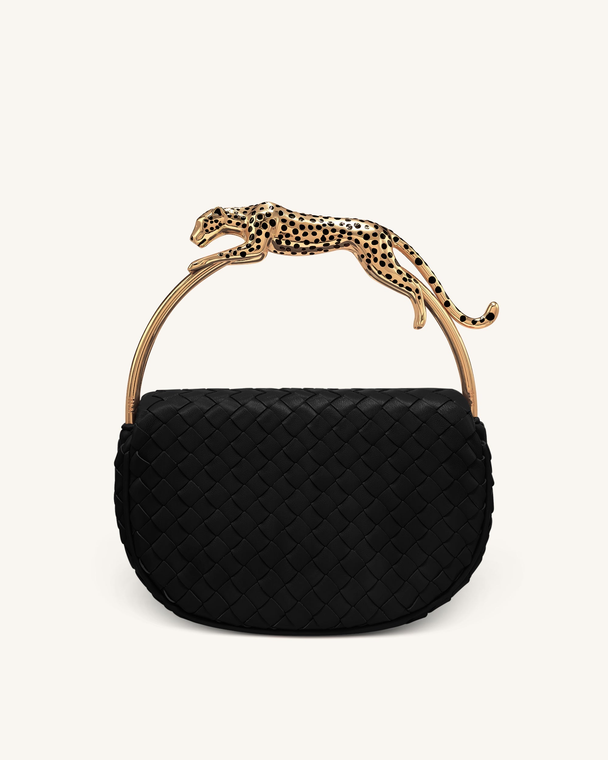 Ione Leopard Shaped Hardware Handle Woven Top Handle Bag - Black