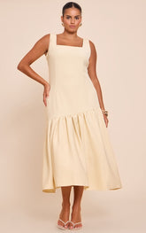 Plus Butter Yellow Pleated Hem Square Neck Midaxi Dress