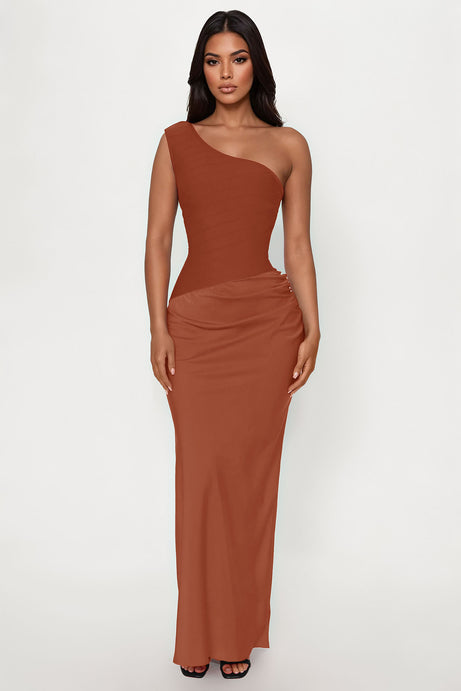 On Fire Bandage Satin Maxi Dress - Camel