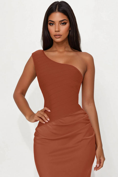 On Fire Bandage Satin Maxi Dress - Camel