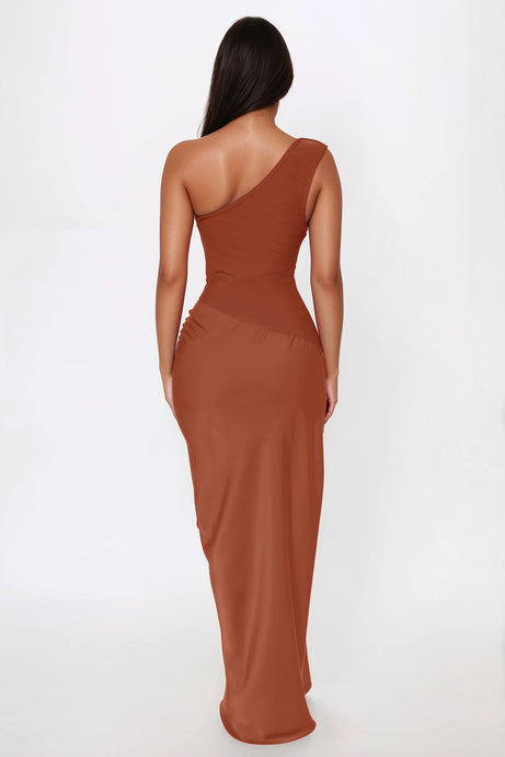 On Fire Bandage Satin Maxi Dress - Camel