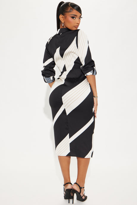 Office Elegance Satin Midi Dress - Black/White