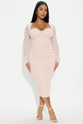 Melody Lace Long Sleeve Midi Dress - Light Pink