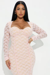 Melody Lace Long Sleeve Midi Dress - Light Pink