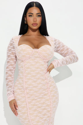 Melody Lace Long Sleeve Midi Dress - Light Pink
