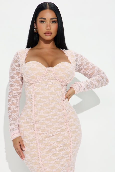 Melody Lace Long Sleeve Midi Dress - Light Pink