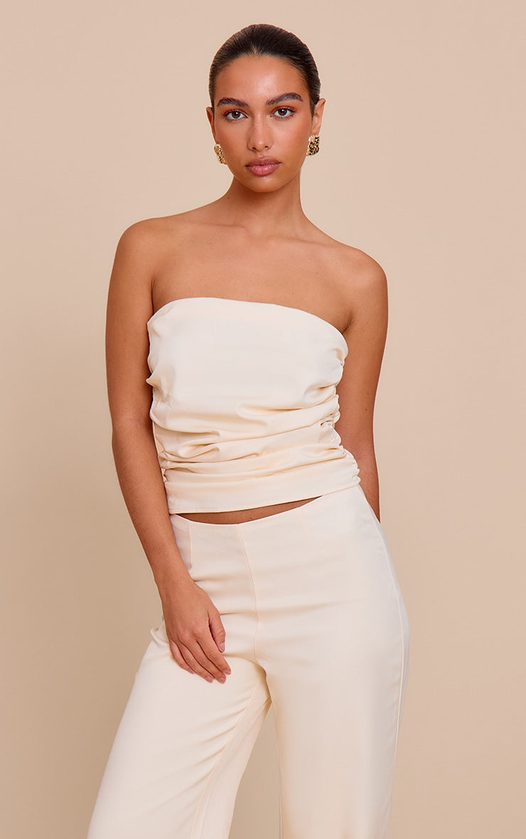 Cream Tailored Woven Ruched Bandeau Top