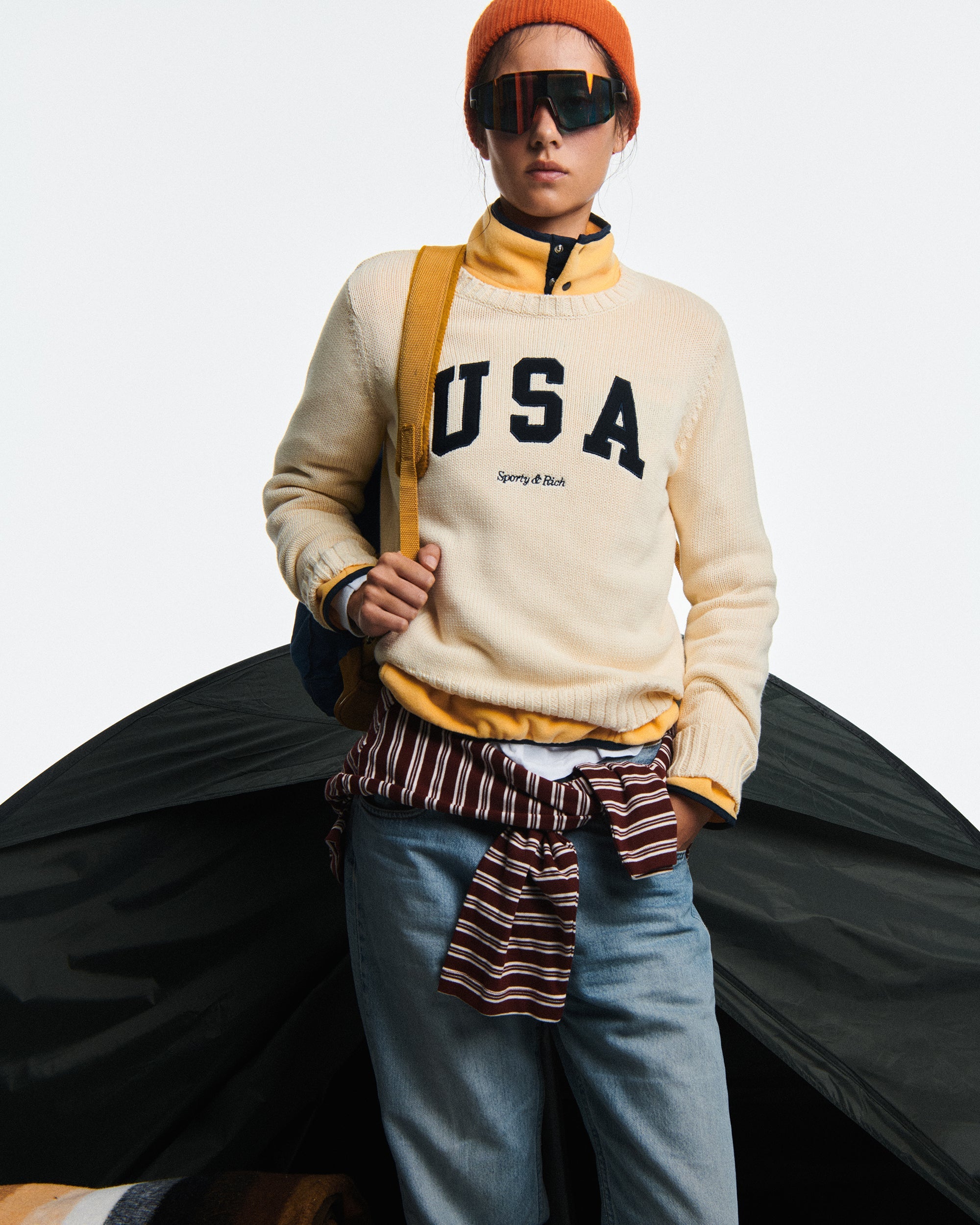 USA Knitted Sweater - Ecru/Navy