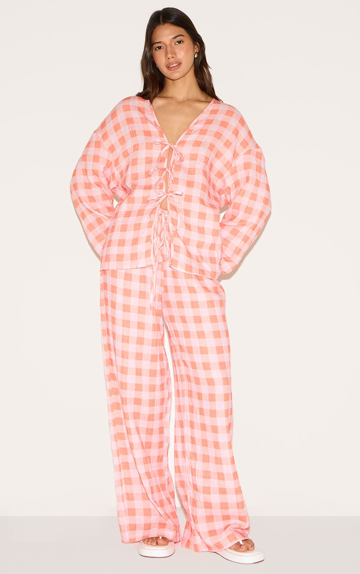 Orange Checked Cheesecloth Tie Waist Wide Leg Trouser