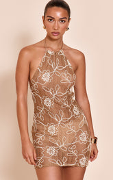 Tan Textured Floral Halterneck Low Back Bodycon Dress