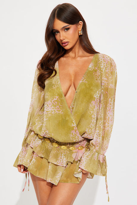 Bohemian Bliss Belted Chiffon Mini Dress - Olive