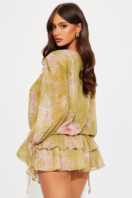 Bohemian Bliss Belted Chiffon Mini Dress - Olive
