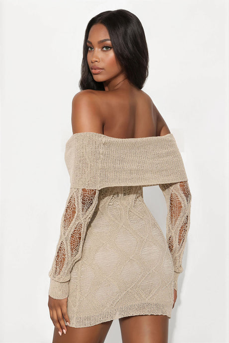 Sandy Beach Distressed Crochet Mini Dress - Beige