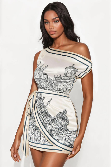 Travel To Europe Satin Mini Dress - Ivory/combo