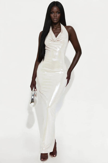 Drippin In Metallics Maxi Dress - Taupe