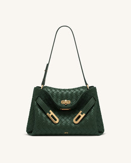Rhea Woven Texture Double Buckle Shoulder Bag - Navy Blue