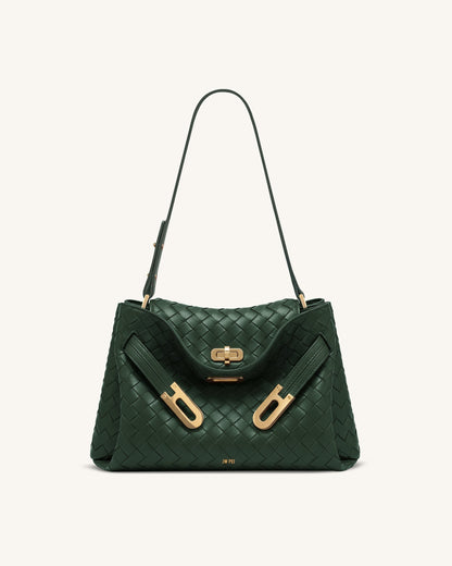 Rhea Woven Texture Double Buckle Shoulder Bag - Navy Blue