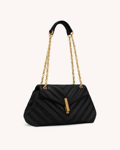 Valerie Quilted Chain Flap Shoulder Bag - Black