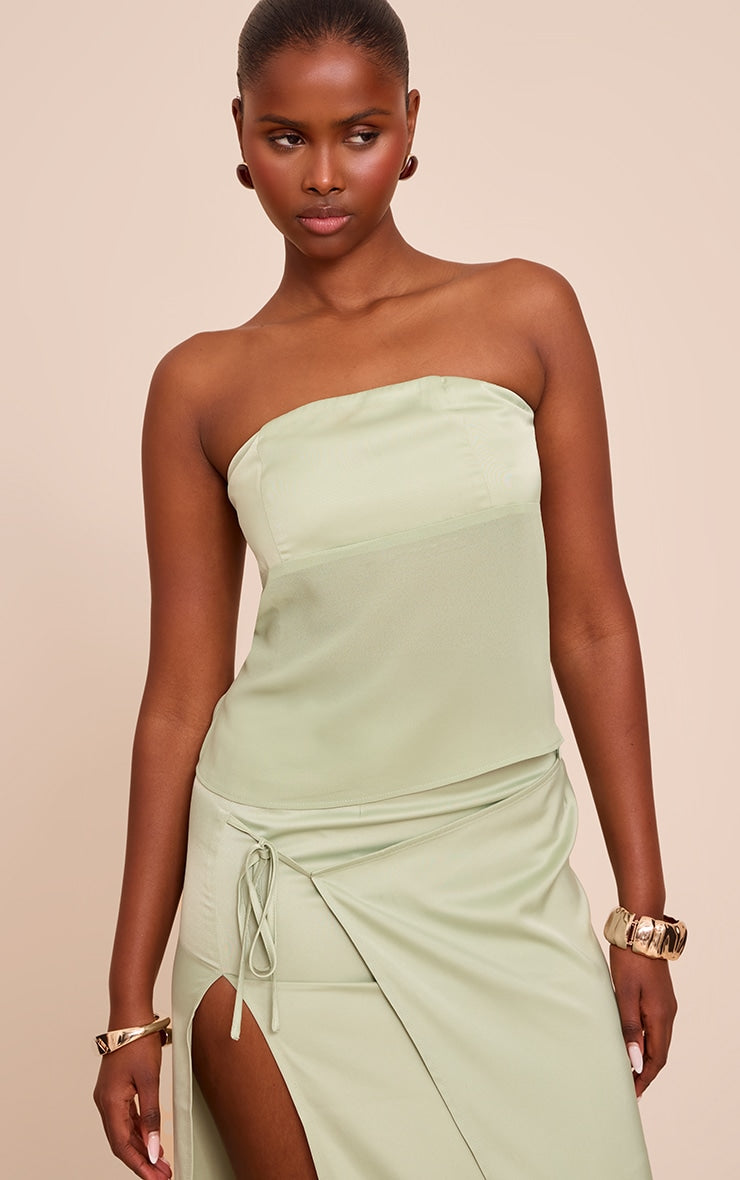 Sage Satin Bust Detail Bandeau Top