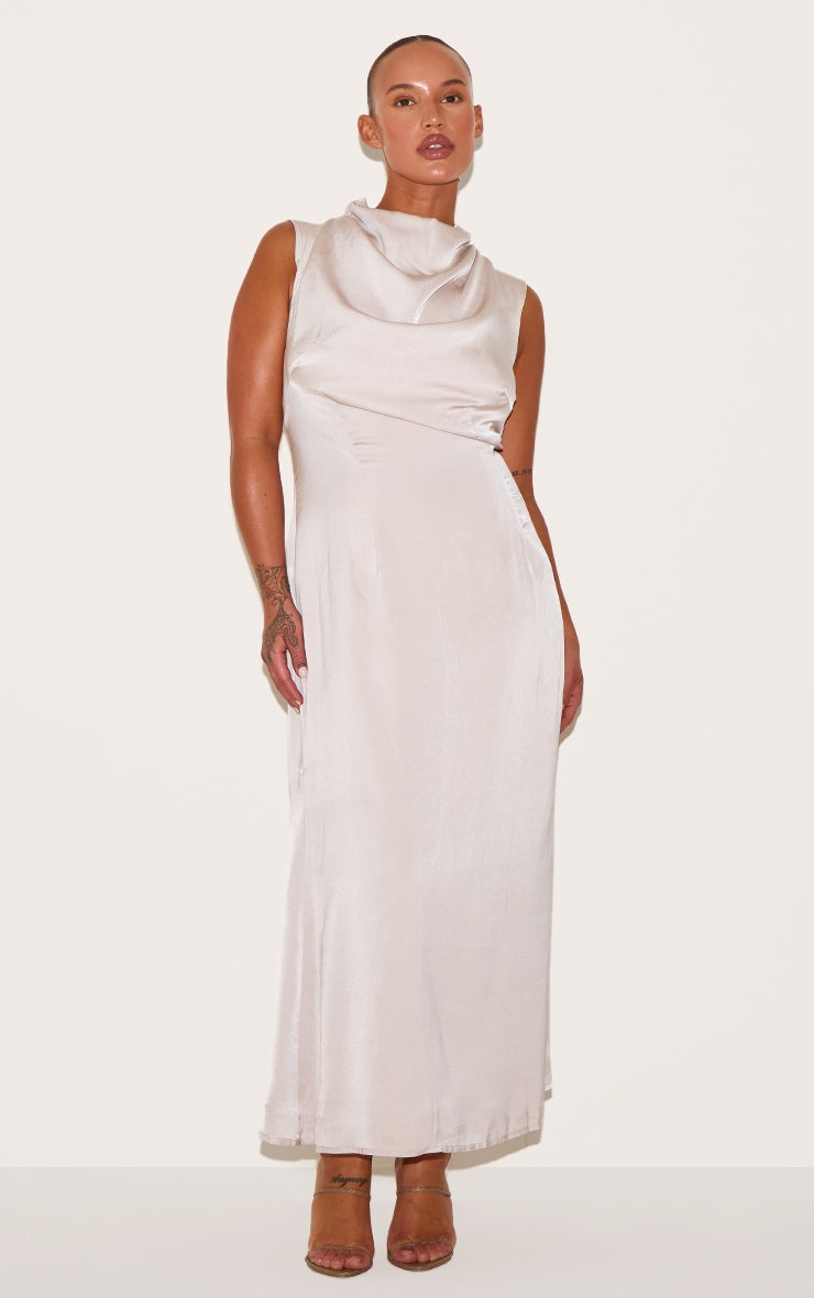 Plus Oyster Satin High Neck Midaxi Dress