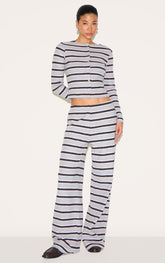 Grey Brushed Rib Striped Mid Rise Wide Leg Trousers