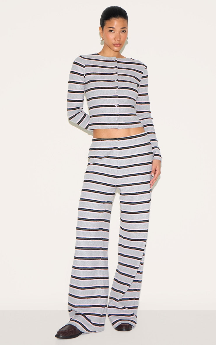 Grey Brushed Rib Striped Mid Rise Wide Leg Trousers