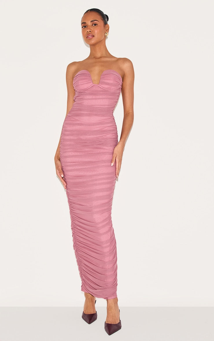 Blush Rose Mesh Ruched Bandeau Maxi Dress